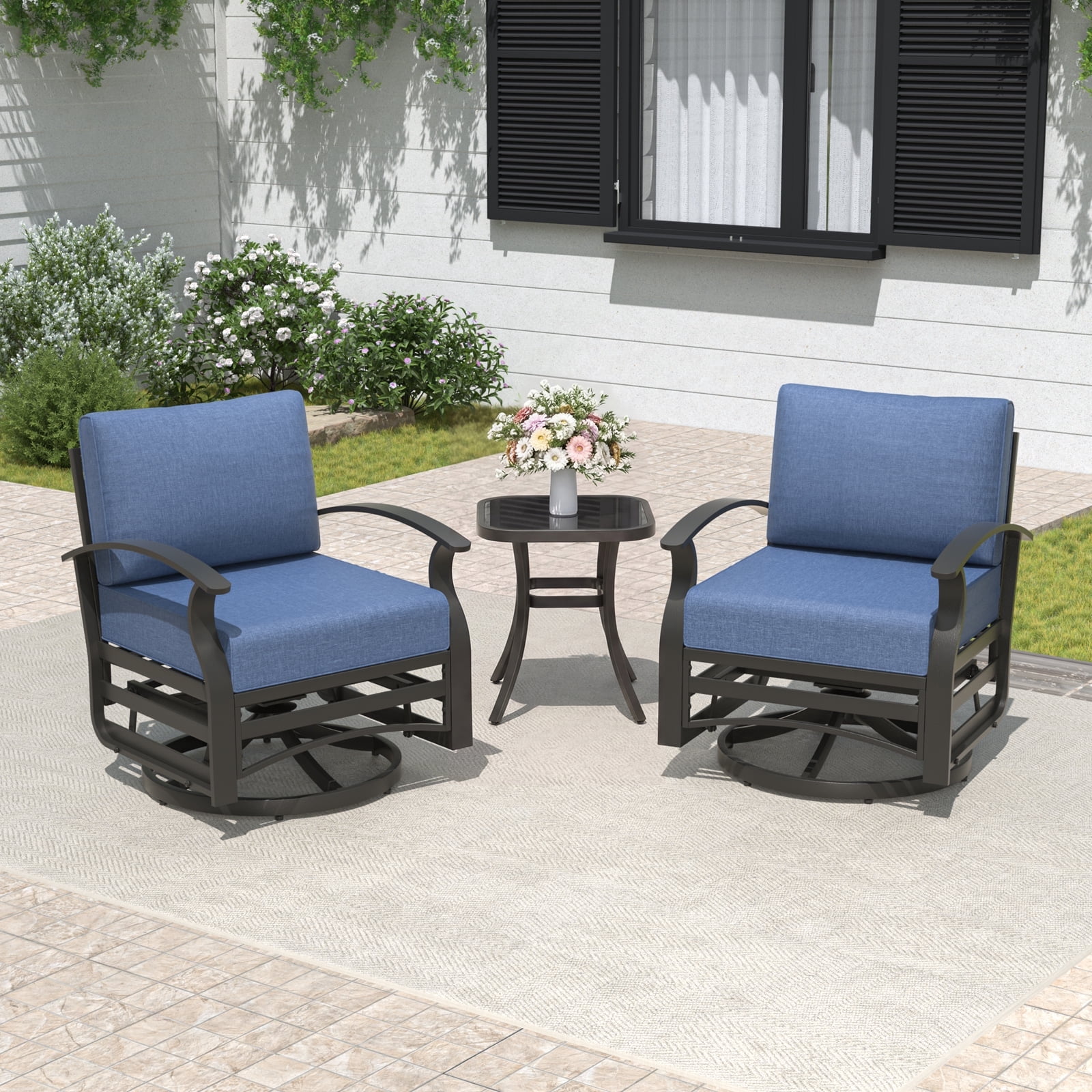 ALAULM 3 Piece Patio Outdoor Aluminum Metal Swivel Rocking Chair with 1 Coffee Table and 2 Navy Padded Cushions Outdoor Metal Swivel Rocking Chair Furniture Conversation Set for Porch Garden