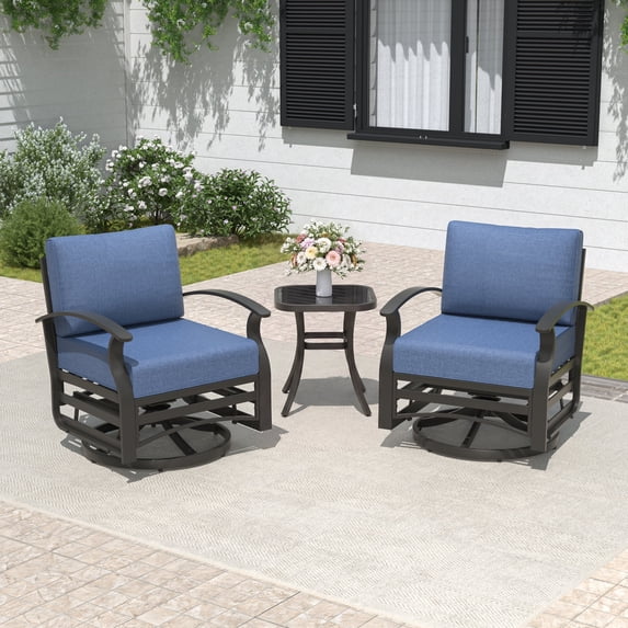 ALAULM 3 Piece Patio Outdoor Aluminum Metal Swivel Rocking Chair with 1 Coffee Table and 2 Navy Padded Cushions Outdoor Metal Swivel Rocking Chair Furniture Conversation Set for Porch Garden