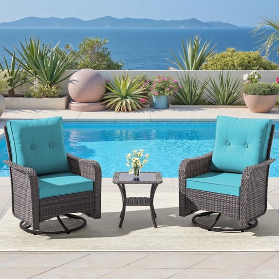 ALAULM 3 Pieces Patio Furniture Set, Outdoor Swivel Gliders Rocker, Wicker Patio Bistro Set with Rattan Rocking Chair for Porch Deck Backyard (Blue)