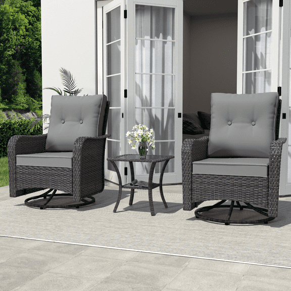 ALAULM 3 Pieces Patio Furniture Set, Outdoor Swivel Gliders Rocker, Wicker Patio Bistro Set with Rattan Rocking Chair for Porch Deck Backyard (Gray)