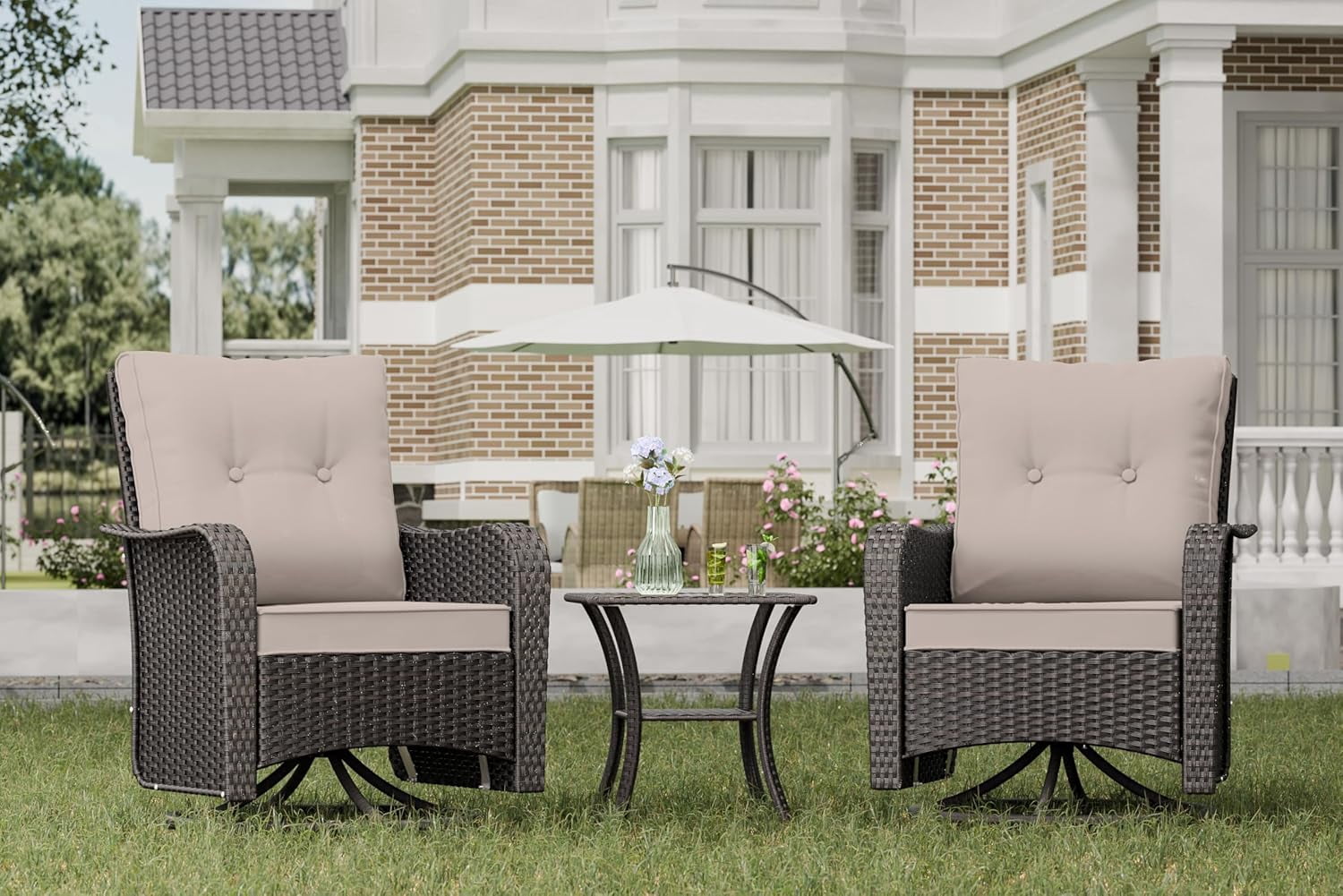 ALAULM 3 Piece Wicker Swivel Rocking Chair Set, Outdoor Patio Glider ...