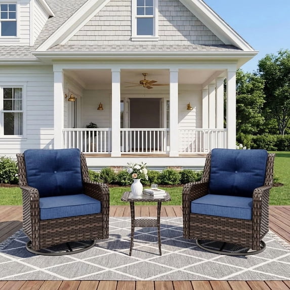 ALAULM 3 Pieces Outdoor Patio Furniture Set,Outdoor Sectional Furniture All Weather Thick PE Rattan Wicker Patio Conversation Set with Thickened Cushions,Navy Blue