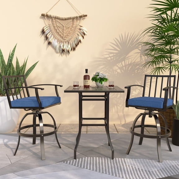 ALAULM 3 Pieces Outdoor Swivel Bar Stools Set, All Weather Metal Patio High Top Bistro Set with 2 Cushioned Chairs and Table for Garden Deck Lawn, NavyBlue
