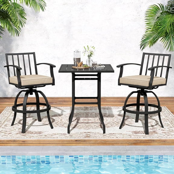 ALAULM 3 Pieces Outdoor Swivel Bar Stools Set, All Weather Metal Patio High Top Bistro Set with 2 Cushioned Chairs and Table for Garden Deck Lawn, Sand