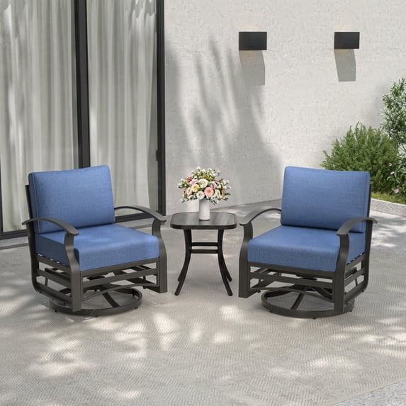 ALAULM 3 Pieces Patio Furniture Set, 2 Aluminum Outdoor Swivel Rocking Chairs with 5.1" Padded Removable Cushions & 1 Tempered Glass Coffee Table for Backyard Lawn Porch, Navy Blue