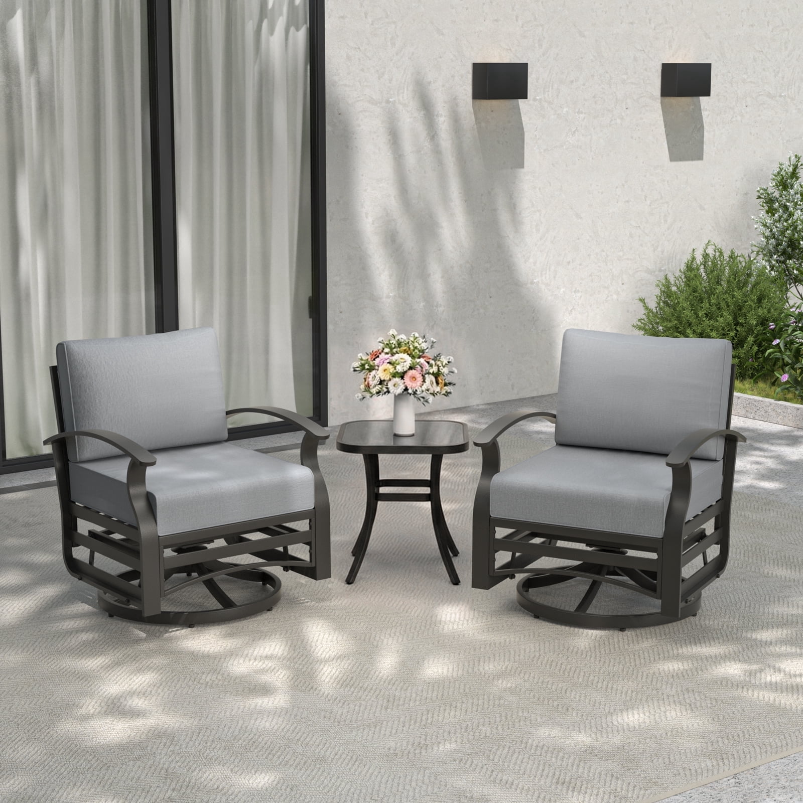 ALAULM 3 Pieces Patio Furniture Set, 2 Aluminum Outdoor Swivel Rocking Chairs with 5.1" Padded Removable Cushions & 1 Tempered Glass Coffee Table for Backyard Lawn Porch, Gray