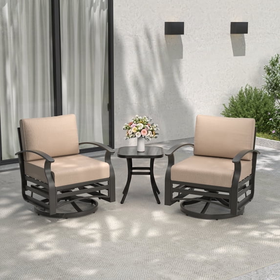 ALAULM 3 Pieces Patio Furniture Set, 2 Aluminum Outdoor Swivel Rocking Chairs with 5.1" Padded Removable Cushions & 1 Tempered Glass Coffee Table for Backyard Lawn Porch, Sand