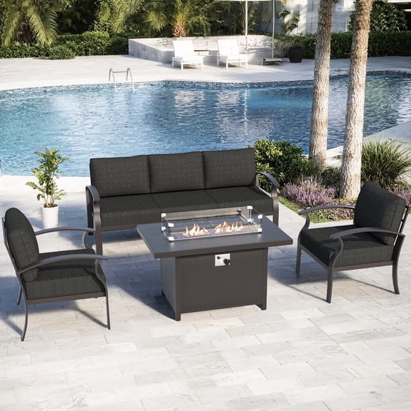 ALAULM Aluminum 5-seat Patio Sectional Sofas with Propane Fire Pit Table, Metal Outdoor Furniture for Porch, Backyard, Poolside-Black
