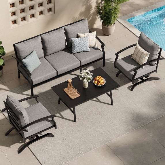 ALAULM 4 Piece Patio Furniture Set,Outdoor Metal Patio Furniture with Coffee Table & Rocking Chairs Conversation Set for Porch,Backyard,Poolside, Garden-Grey