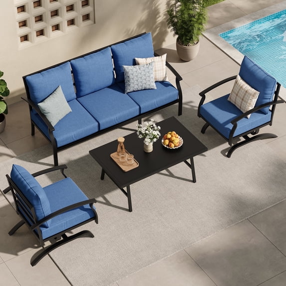 ALAULM 4 Piece Patio Furniture Set,Outdoor Metal Patio Furniture with Coffee Table & Rocking Chairs Conversation Set for Porch,Backyard,Poolside, Garden-Navy Blue