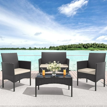 ALAULM 4-Piece Wicker Outdoor Patio Conversation Set with Coffee Table, Sand