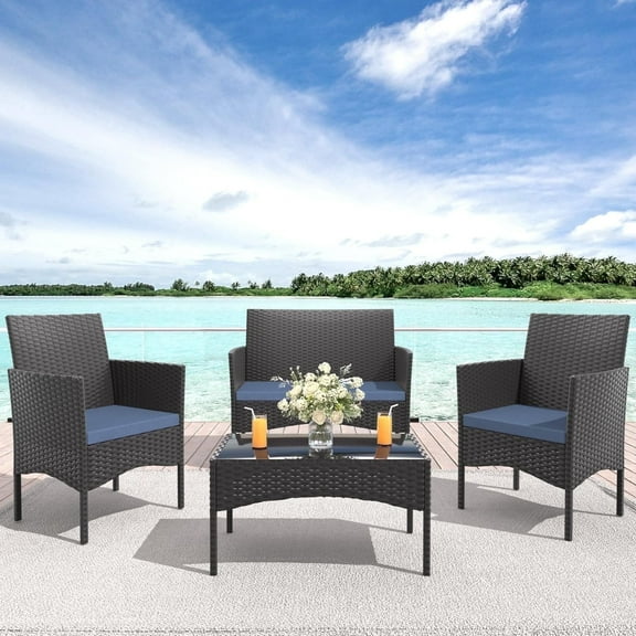 ALAULM 4-Piece Wicker Rattan Outdoor Furniture Patio Conversation Set with Cushions and Coffee Table, Dark Blue