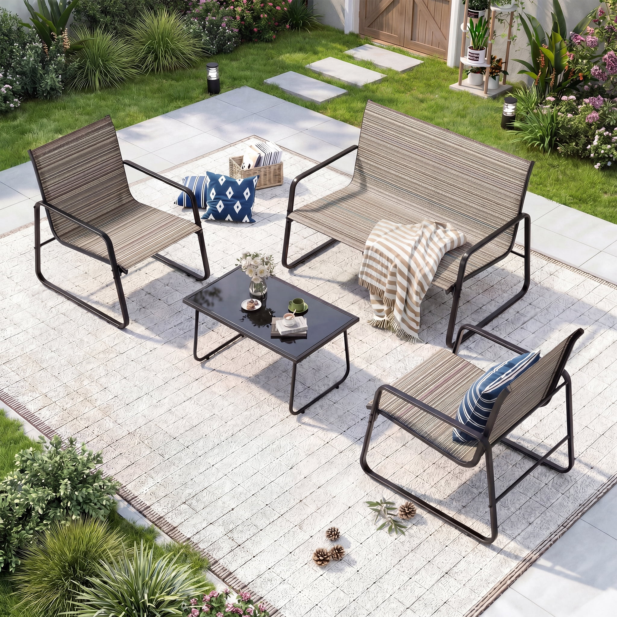 ALAULM 4 Pieces Outdoor Furniture Set All Weather Textile Fabric Patio Conversation Set w/Coffee Table, Loveseat, 2 Single Chairs for Patio, Yard, Garden, Lawn(Brown)