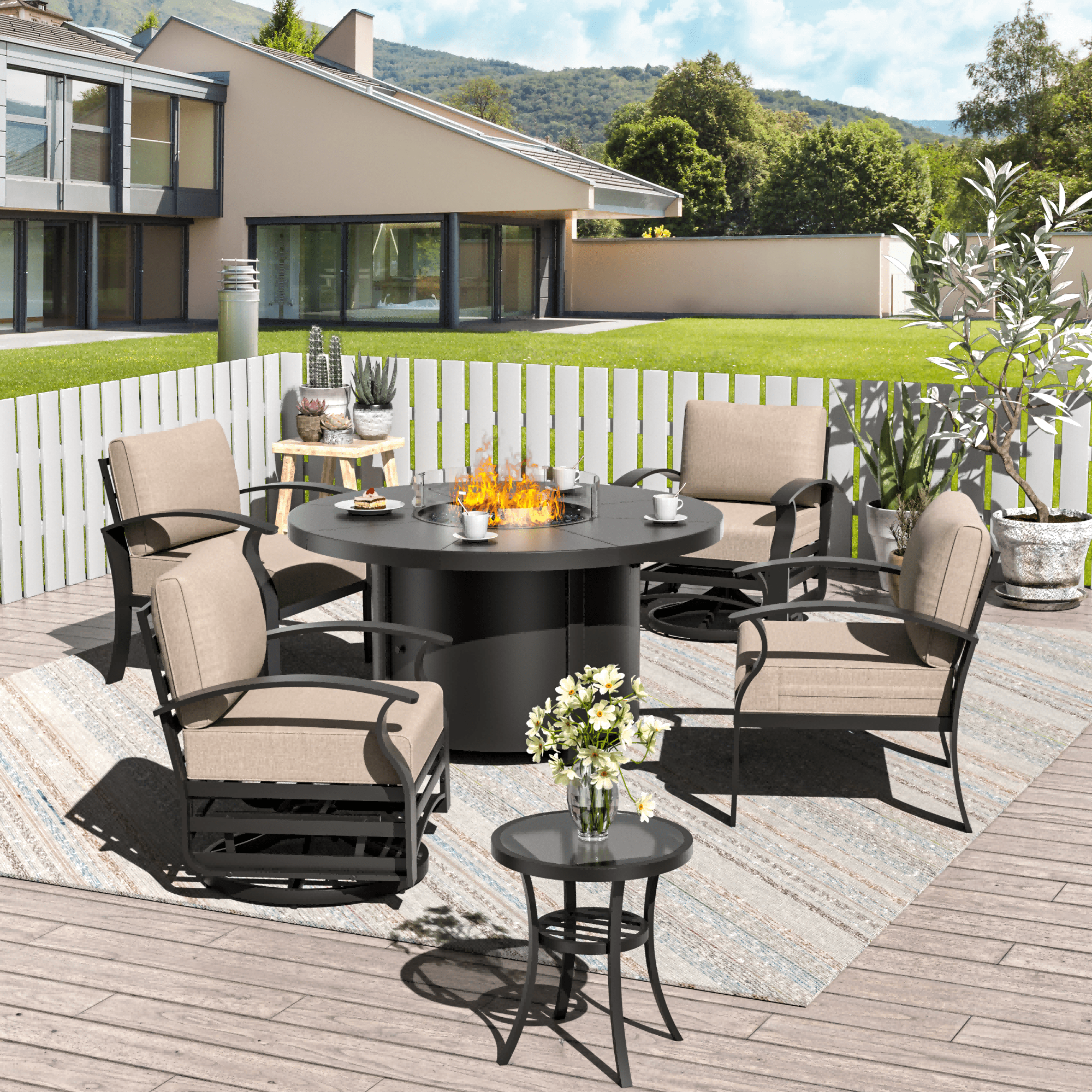ALAULM 4-Seat Aluminum Patio Furniture Set, Outdoor Patio Conversation Set with Round Fire Pit Table and 5.1" Cushions for Patio Backyard Poolside, Sand