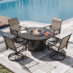 ALAULM 5 Piece Outdoor Conversation Sets, 4 Textilene Fabric Swivel Chairs with Metal Frame and w/48in Propane Round Fire Pit Table for Deck Garden Backyard Porch,Brown