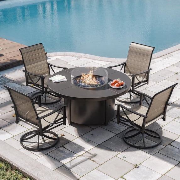 ALAULM 5 Piece Outdoor Conversation Sets, 4 Textilene Fabric Swivel Chairs with Metal Frame and w/48in Propane Round Fire Pit Table for Deck Garden Backyard Porch,Brown