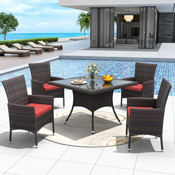 ALAULM 5 Piece Patio Dining Set All-Weather Wicker Outdoor Patio Furniture Set w/Tempered Glass Tabletop, Removable Cushions and Umbrella Hole for Patio, Backyard, Garden, Poolside-Red