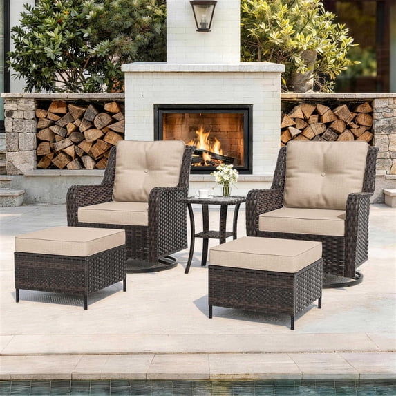 ALAULM 5-Piece Patio Furniture Set, Outdoor Thick Wicker Conversation Set with Swivel Chairs and Ottomans, High Back Wicker Sectional Sofa Couch for Backyard Porch Deck, Sand