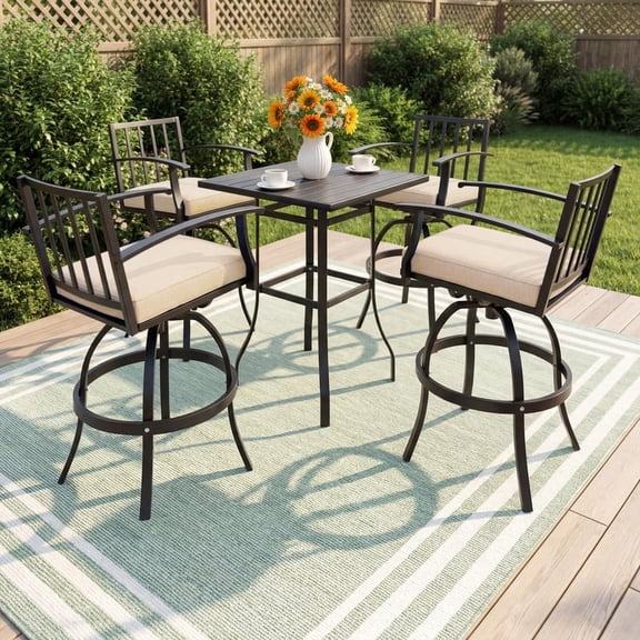 ALAULM 5 Pieces Outdoor Swivel Bar Stools Set, All Weather Metal Patio High Top Bistro Set with 4 Cushioned Chairs and Table for Garden Deck Lawn, Sand