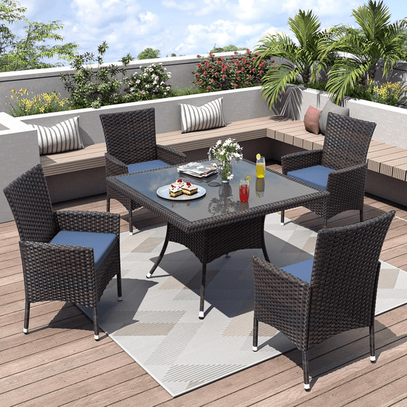 ALAULM 5 Pieces Patio Dining Set Outdoor Rattan Furniture Dinning Set with Square Glass Tabletop 4 Chairs with Navy Blue Cushions for Patio, Backyard Outdoor Kitchen Lawn & Garden