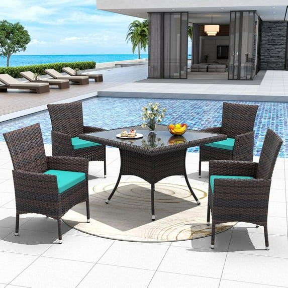 ALAULM 5 Pieces Patio Dining Set Outdoor Rattan Furniture with Square Glass Tabletop 4 Chairs with Cushions for Patio, Backyard Outdoor Kitchen Lawn & Garden Blue