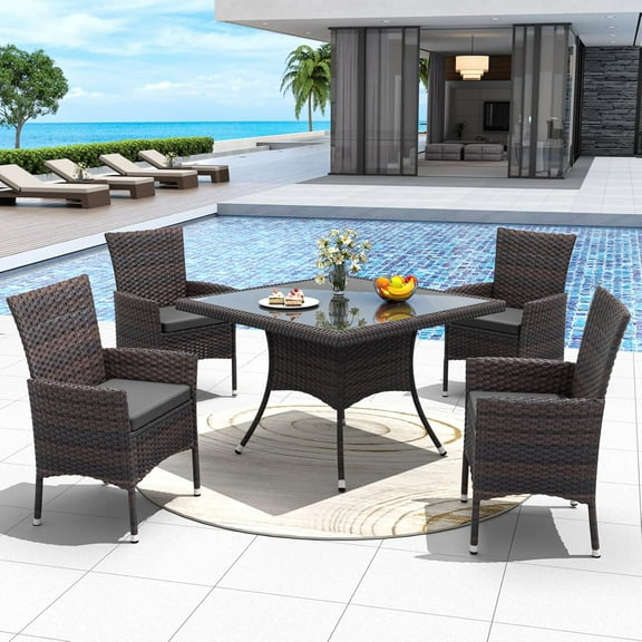 ALAULM 5-Piece Outdoor Rattan Dining Set with Square Glass Table with Cushions for Patio, Gray