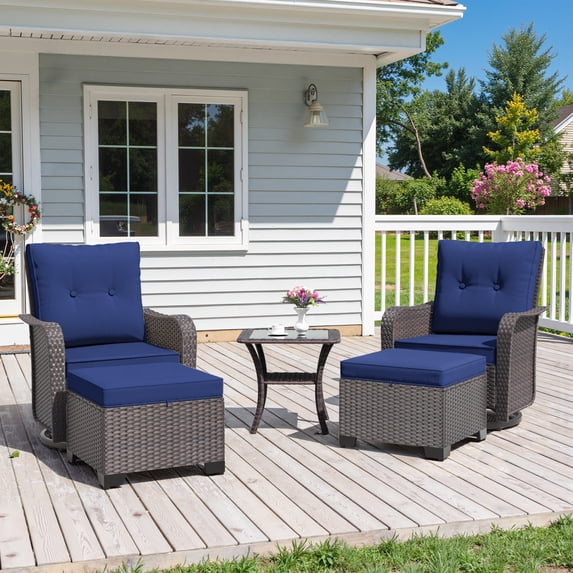 ALAULM 5 Pieces Patio Furniture Set with 4" Thick Cushions, 2 High Back Outdoor Swivel Rocker Chairs with 2 Ottoman & Side Table, 5-Piece All Weather Chairs Set for Porch Deck Pool Yard, Navy Blue
