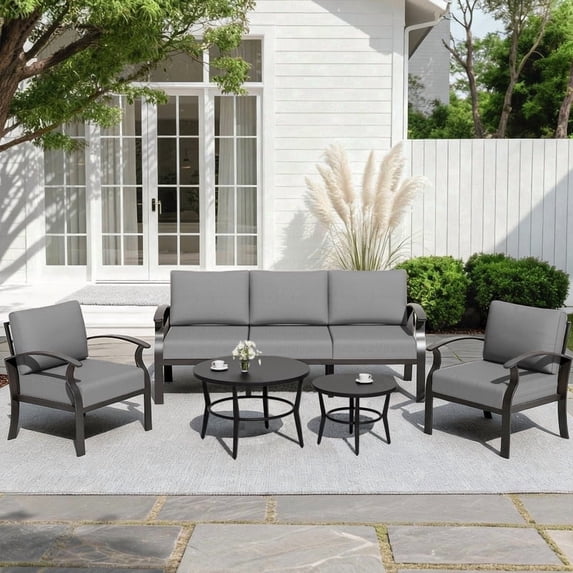 ALAULM 5-Seat Aluminum Patio Furniture Set, Outdoor Patio Conversation Set with 2 Round Metal Coffee Tables and 5.1" Cushions for Patio Backyard Poolside,Grey