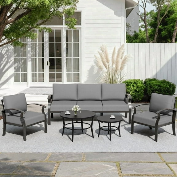 ALAULM 5-Seat Aluminum Patio Furniture Set, Outdoor Patio Conversation Set with 2 Round Metal Coffee Tables and 5.1" Cushions for Patio Backyard Poolside，Grey