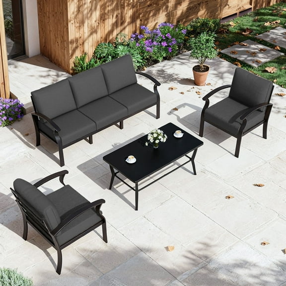 ALAULM 5-Seat Aluminum Patio Furniture Set, Outdoor Patio Conversation Set with Rectangular Metal Coffee Table and 5.1" Cushions for Patio Backyard Poolside，Black