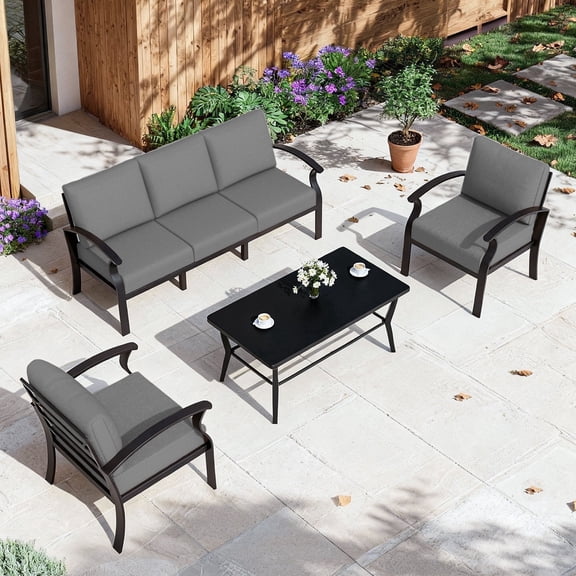 ALAULM 5-Seat Aluminum Patio Furniture Set, Outdoor Patio Conversation Set with Rectangular Metal Coffee Table and 5.1" Cushions for Patio Backyard Poolside,Grey