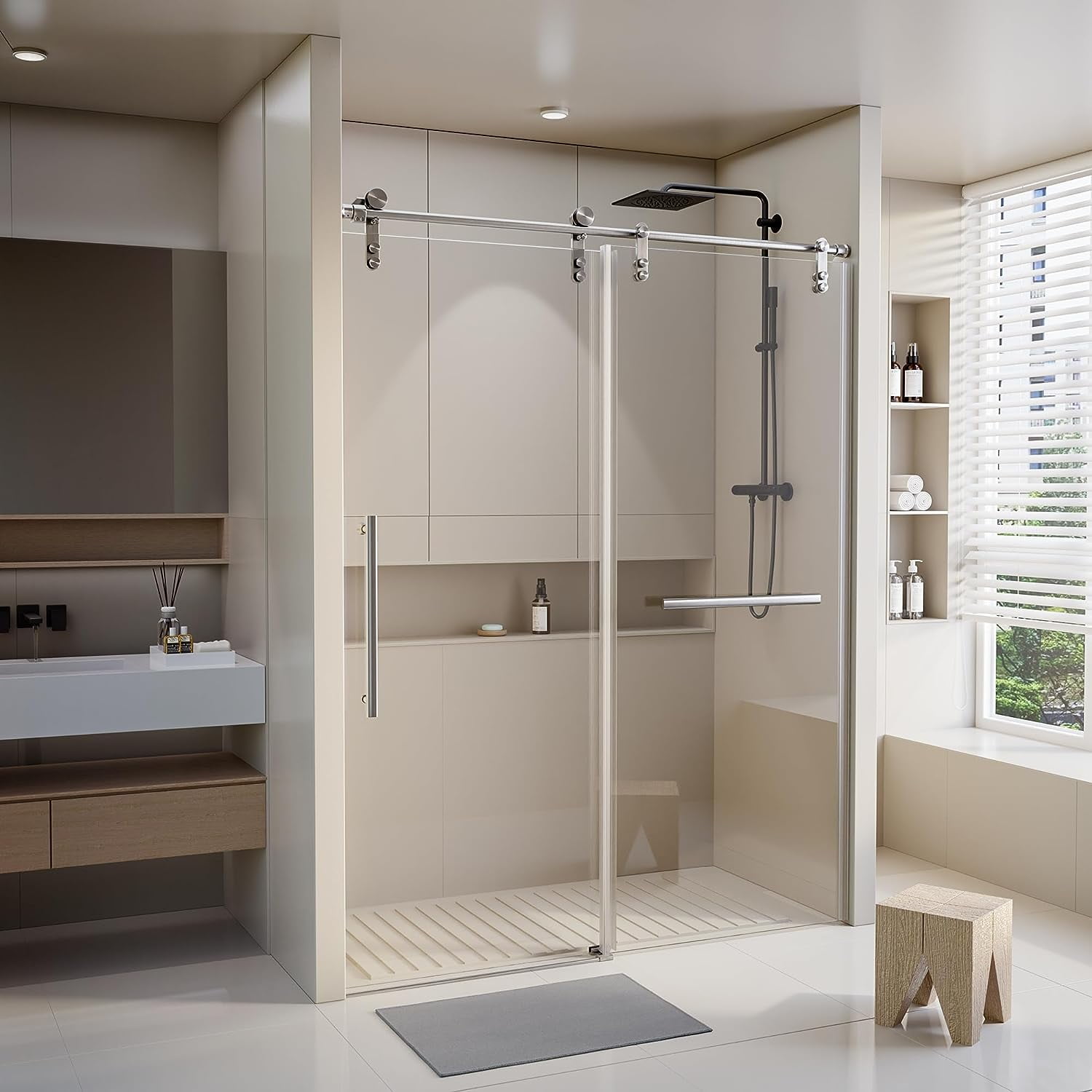 ALAULM 56-60" W x 75" H Frameless Clear Glass Sliding Shower Door Thick Tempered Glass with Explosion-Proof Film Brushed Stainless Steel