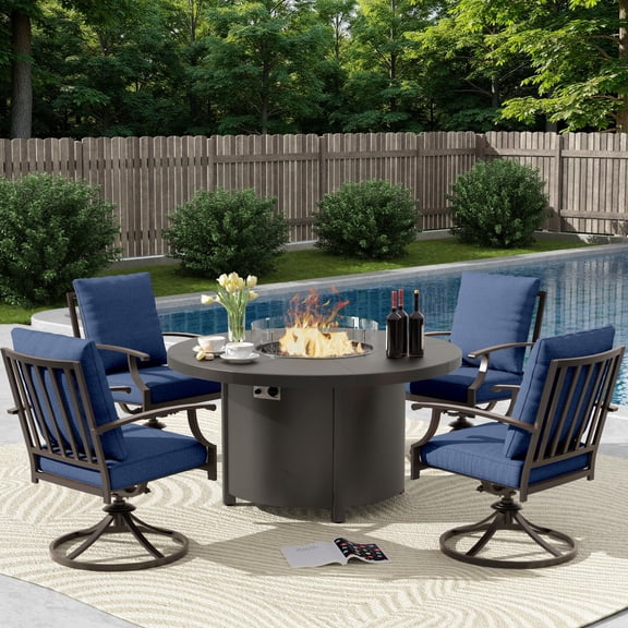 ALAULM 5PCS Metal Outdoor Patio Furniture Set with 48"/55000 BTU Round Fire Pit Table,Outdoor Dining Table Set 4 Swivel Chairs No-Slip Cushions,Navy Blue