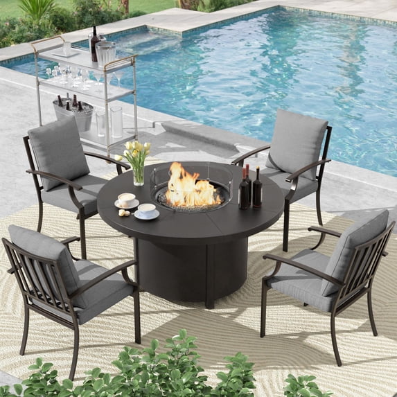 ALAULM 5PCS Metal Outdoor Patio Furniture Set with 48"/55000 BTU Round Propane Fire Pit Table,Patio Conversation Sets 4 Fixed Chairs No-Slip Cushions,Grey