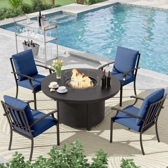ALAULM 5PCS Metal Outdoor Patio Furniture Set with 48"/55000 BTU Round Propane Fire Pit Table,Patio Conversation Sets 4 Fixed Chairs No-Slip Cushions,Navy Blue