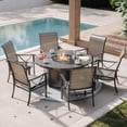 thumbnail image 1 of ALAULM 7 Piece Outdoor Conversation Sets, 6 Textilene Fabric Fixed Chairs with Metal Frame and w/48in Propane Round Fire Pit Table for Deck Garden Backyard Porch,Brown, 1 of 7