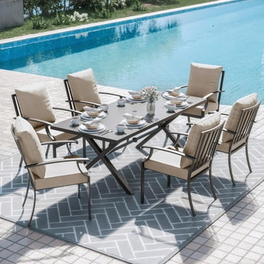 ALAULM 7-Piece  Outdoor Patio Dining Set with Rectangle Metal Table and Chairs, Beige