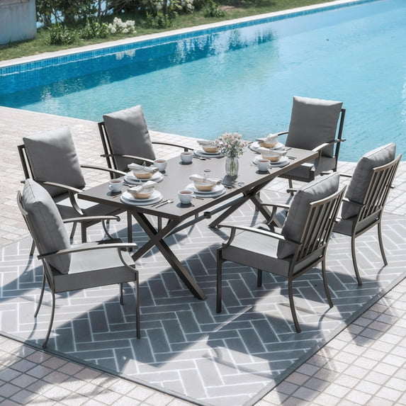 ALAULM 7-Piece Patio Dining Table and Chairs Outdoor Dining Set for 6 Patio Dining Sets with Rectangular Metal Table with Umbrella Hole for Patio, Backyard, Garden-Grey