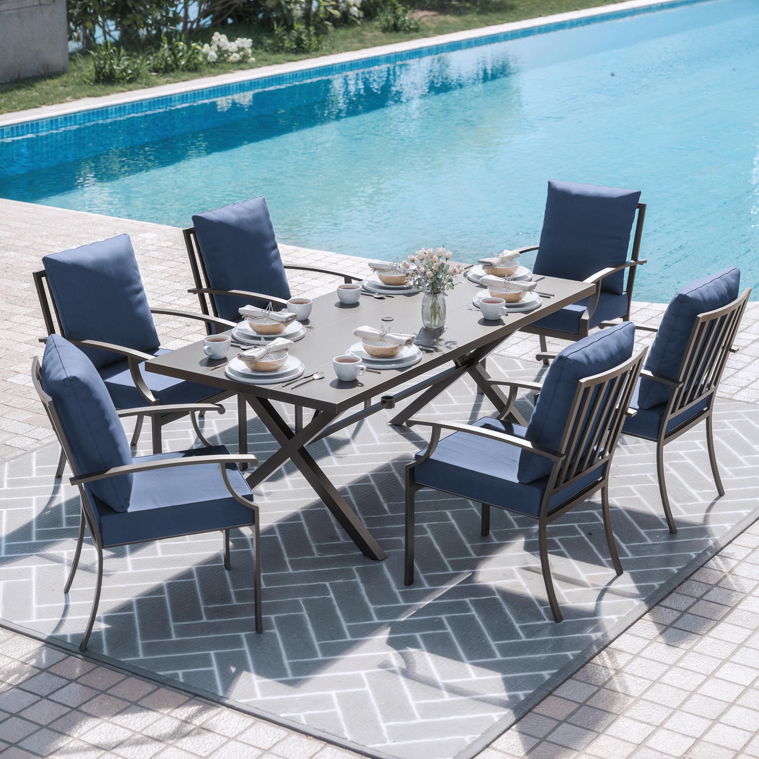 ALAULM 7-Piece Patio Dining Table and Chairs Outdoor Dining Set for 6 Patio Dining Sets with Rectangular Metal Table with Umbrella Hole for Patio, Backyard, Garden-Navy Blue