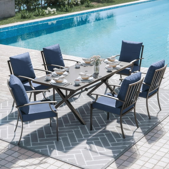 ALAULM 7-Piece Patio Dining Table and Chairs Outdoor Dining Set for 6 Patio Dining Sets with Rectangular Metal Table with Umbrella Hole for Patio, Backyard, Garden-Navy Blue