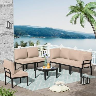ALAULM 7 Piece Patio Furniture Set Metal Conversation Sectional Set with Coffee Table and Thick Cushion Modern Style Outdoor Patio Sofa Set Suitable for Patio, Backyard and Deck(Sand)
