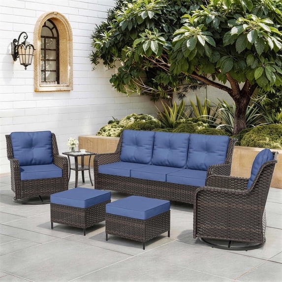 ALAULM 7-Piece Patio Furniture Set, Outdoor Thick Wicker High Back Conversation Set with 3-Seater Sofa, Swivel Chairs, Ottomans and Square Coffee Table for Yard Patio, Navy Blue