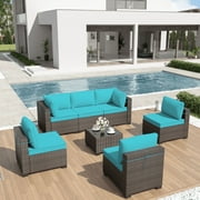 ALAULM 7-Piece Outdoor Rattan Conversation Sets with Coffee Table and Cushions, Blue/Brown