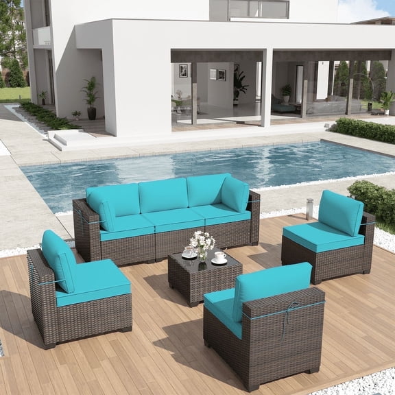 ALAULM 7-Piece Outdoor Rattan Conversation Sets with Coffee Table and Cushions, Blue/Brown