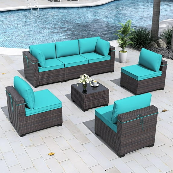 ALAULM 7 Piece Patio Furniture Sets, Outdoor Patio Sectional Outdoor Furniture Set, W/Coffee Table & Thick Cushions, Blue