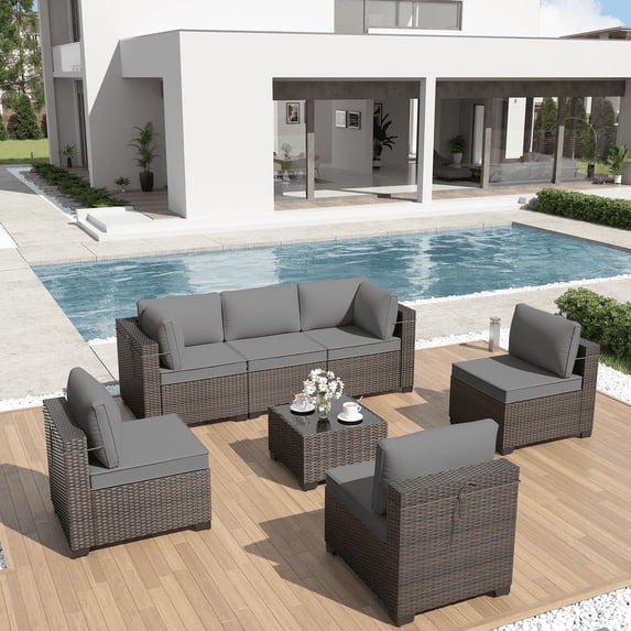 ALAULM 7-Piece RattanOutdoor Conversation Sets with Coffee Table and Cushions, Gray