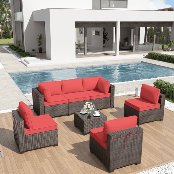 ALAULM 7 Piece Rattan Outdoor Conversation Sets with Coffee Table and Cushions, Red/Brown