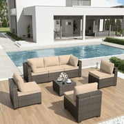 ALAULM 7 Piece Rattan Patio Furniture Sets, Outdoor Conversation Sets with Coffee Table and Cushions, Sand