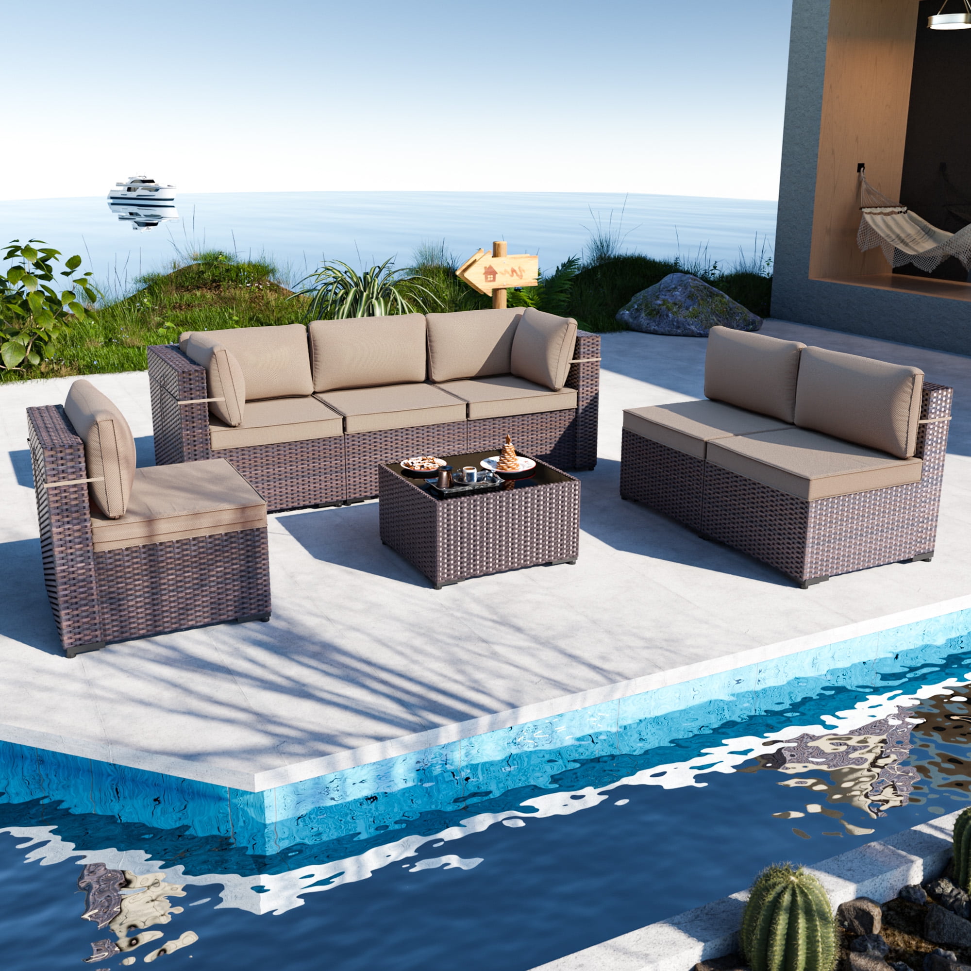 ALAULM 7 Piece Outdoor Furniture Set PE Rattan Thick Cushions Patio Sofa Wicker Coffee Table Sand Walmart