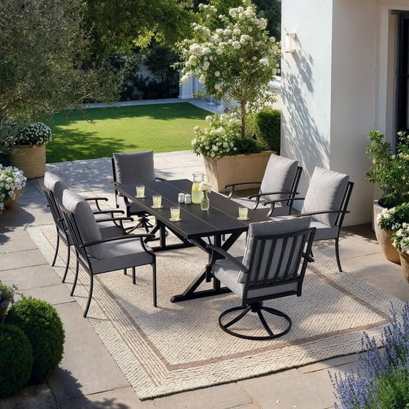 ALAULM 7 Pieces Patio Dining Set Outdoor Furniture with 2 Swivel Chairs and 4 Fixed Chairs, Large Table with Umbrella Cutout for Backyard, Grey